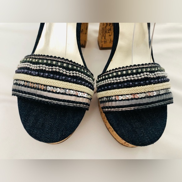 NWOB Nine West denim cork chunky heel platform with sequins and beaded accents. - Picture 5 of 14